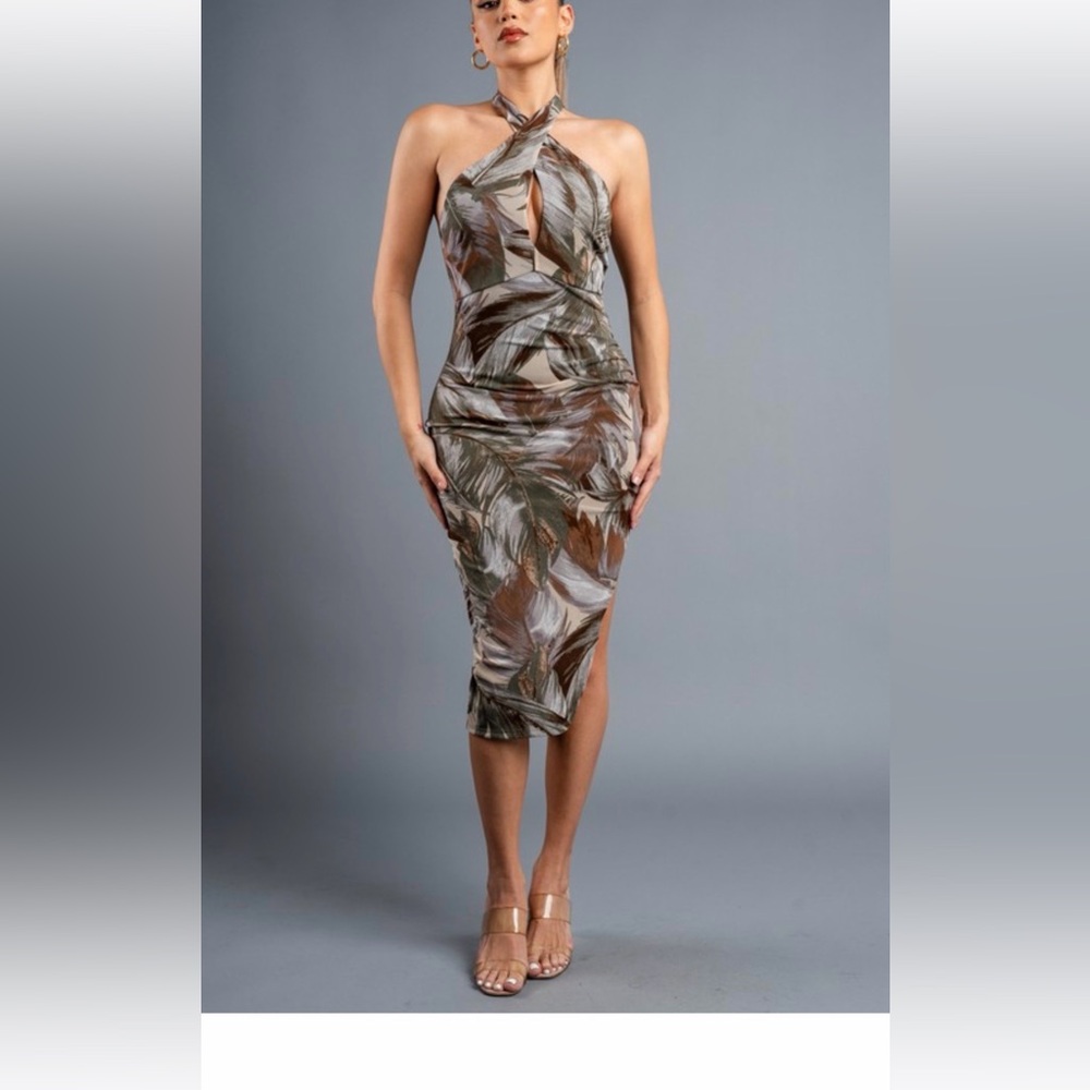 #370 olive Print Halter twist Midi Dress